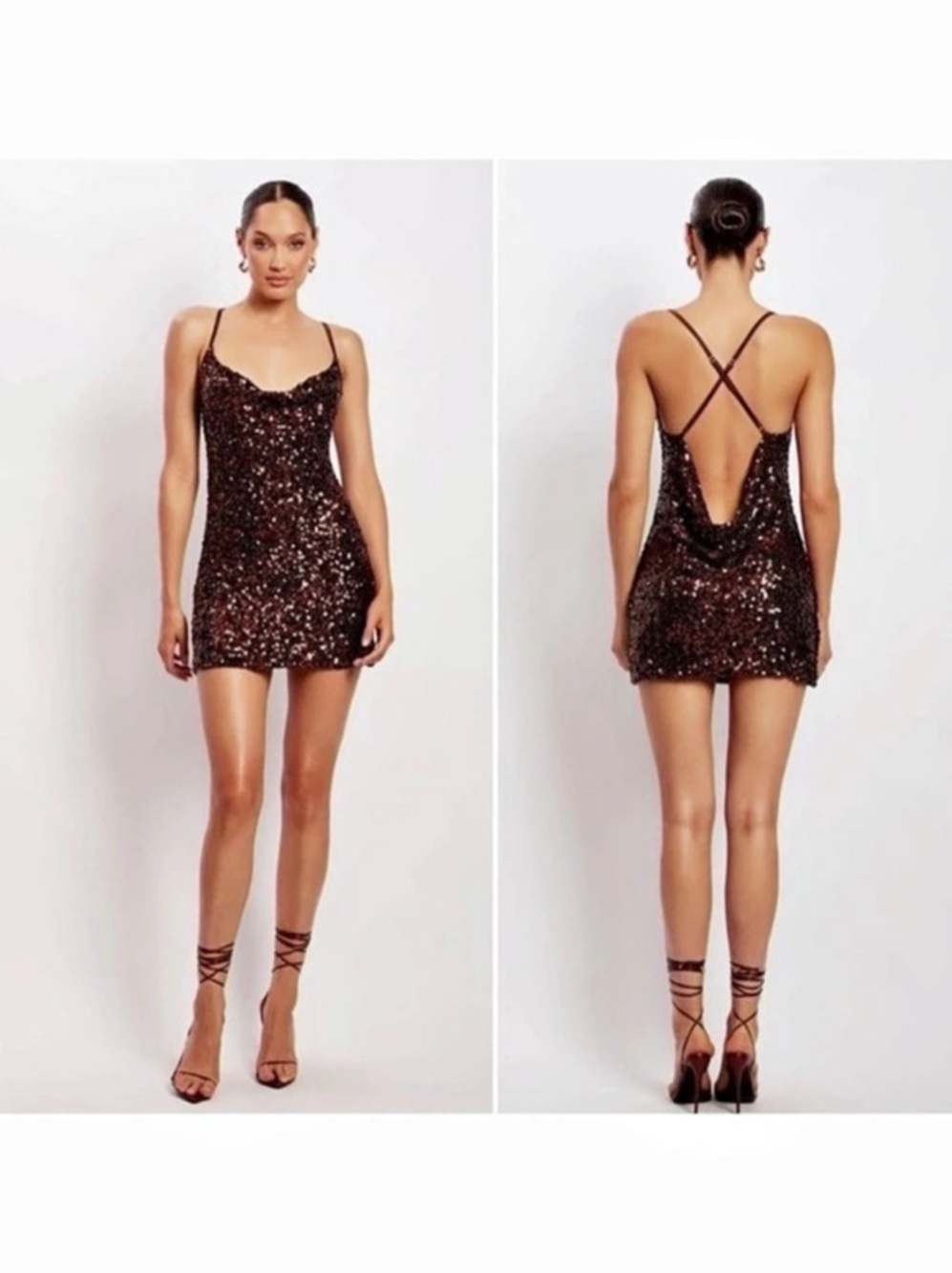 MESHKI Jody Sequin Cowl Neck Dress Sequin Mini Dress in Brown Size Large NWT